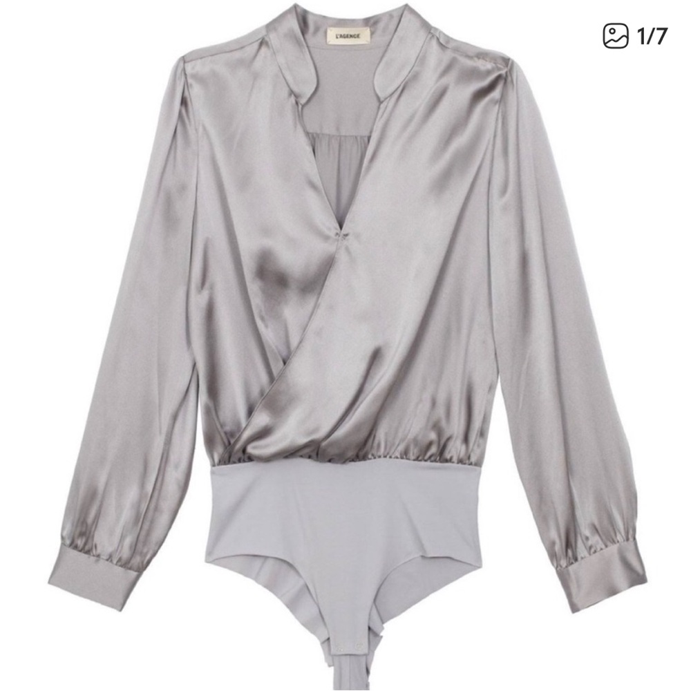 L'AGENCE Metallic Gray Wrap Bodysuit
